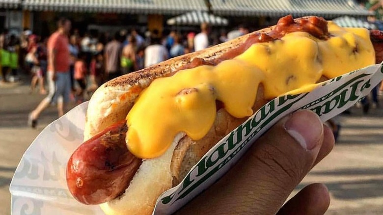 Nathan's hot dog with chili and cheese