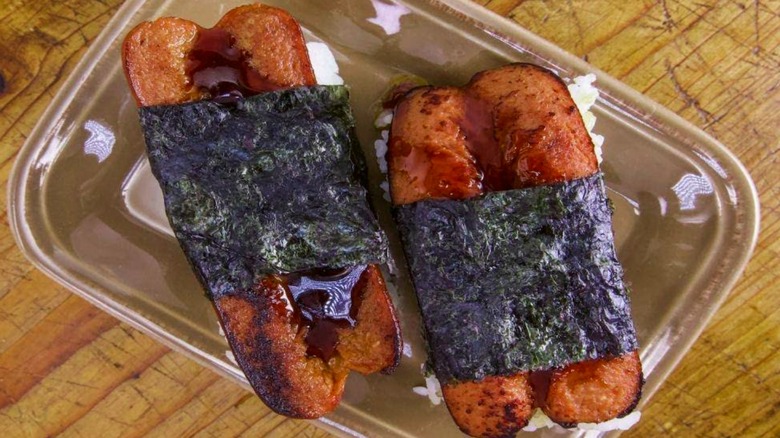 two hot dog musubis
