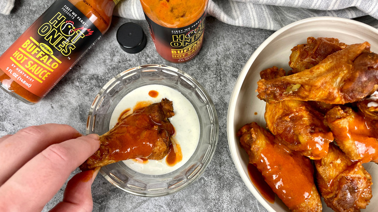 Hot Ones Original Buffalo Hot Sauce on wings