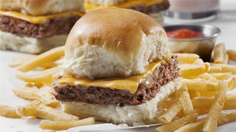 square cheeseburger with fries