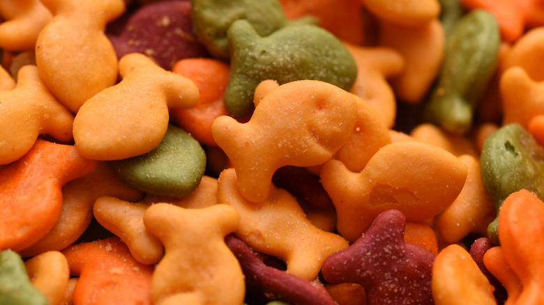 Colorful Goldfish crackers piled together