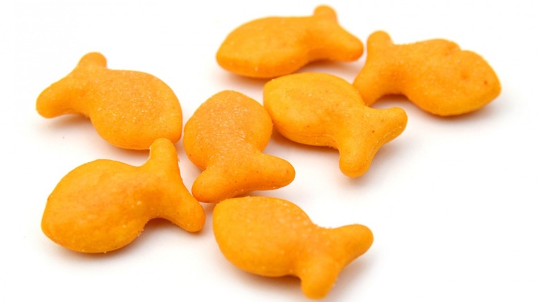 Goldfish crackers on white background