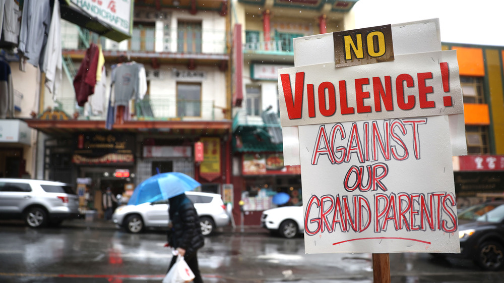 Sign protesting the increase in attacks on Asian Americans