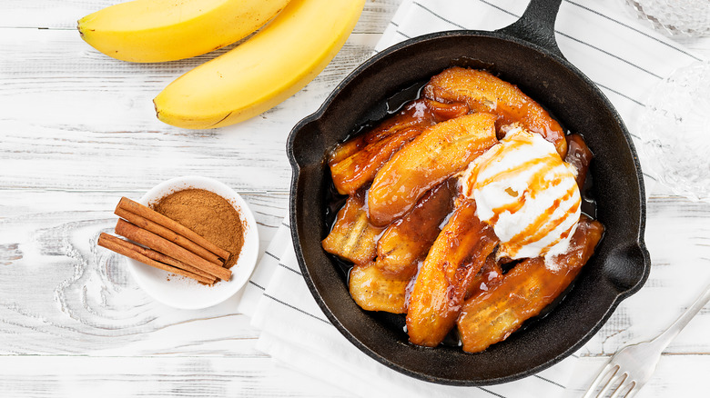 Fried bananas foster in pan