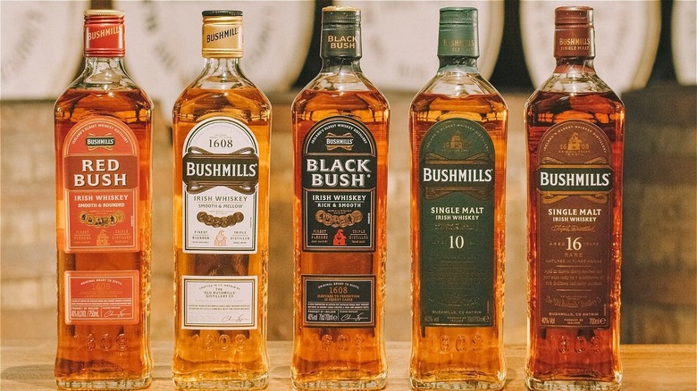 5 bottles of Bushmills whiskey lined up