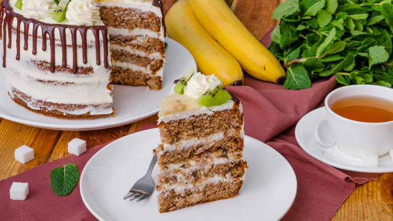 Slice of hummingbird cake with bananas