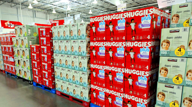 Boxes of Huggies and Kirkland Signature diapers at Costco