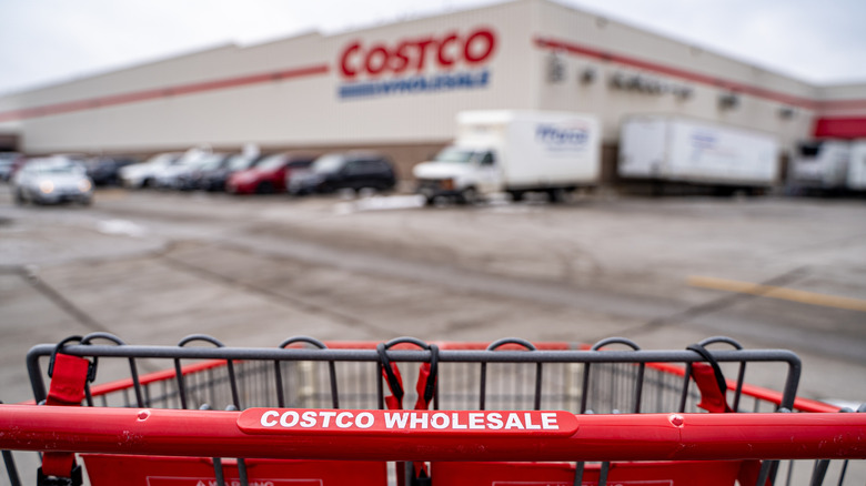 Costco shopping cart in parking lot outside Costco Wholesale location