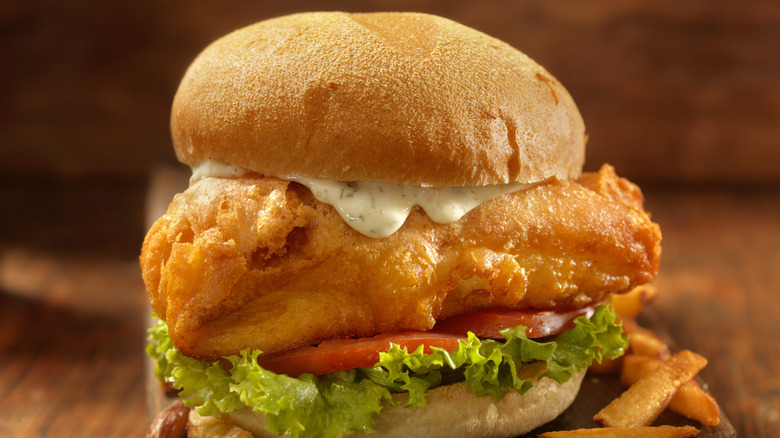 Closeup of fried fish sandwich