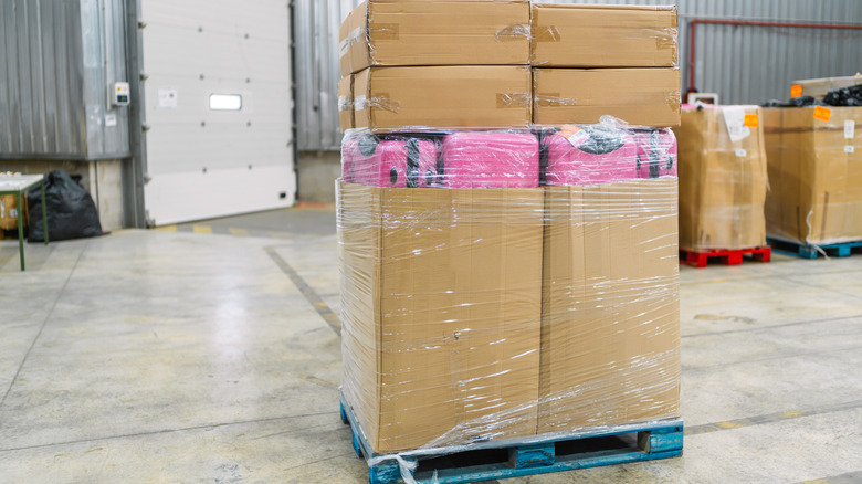 A pallet of shrink-wrapped items