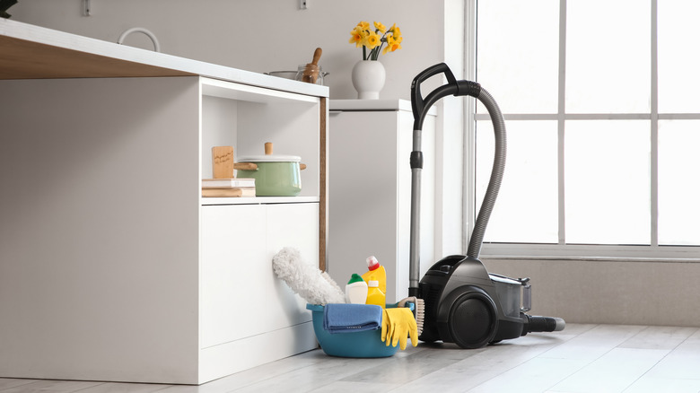 A vacuum cleaner and a cleaning caddy with tools