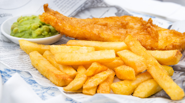 fish, chips, and mushy peas