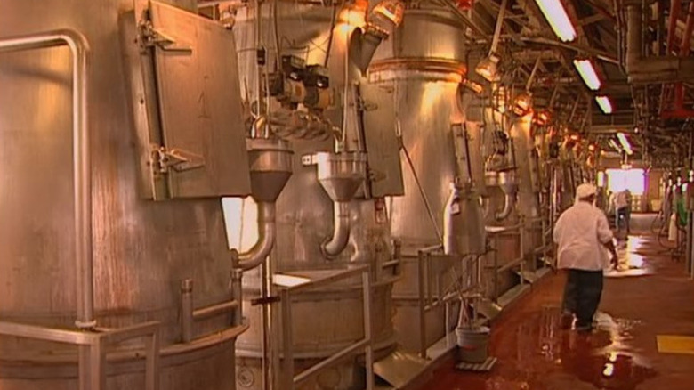 Man walking through Heinz ketchup factory