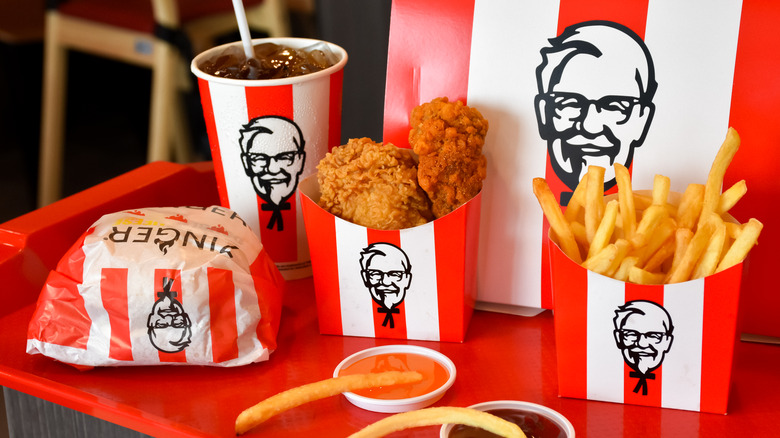 KFC products including fried chicken, soda, and fries