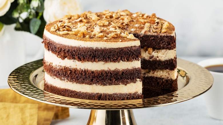 chocolate layer cake with nuts