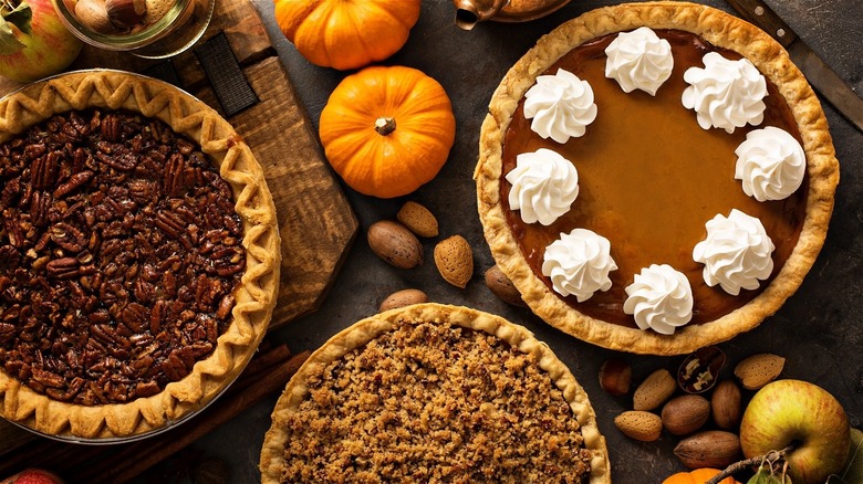 pumpkin, crumb, and pecan pies