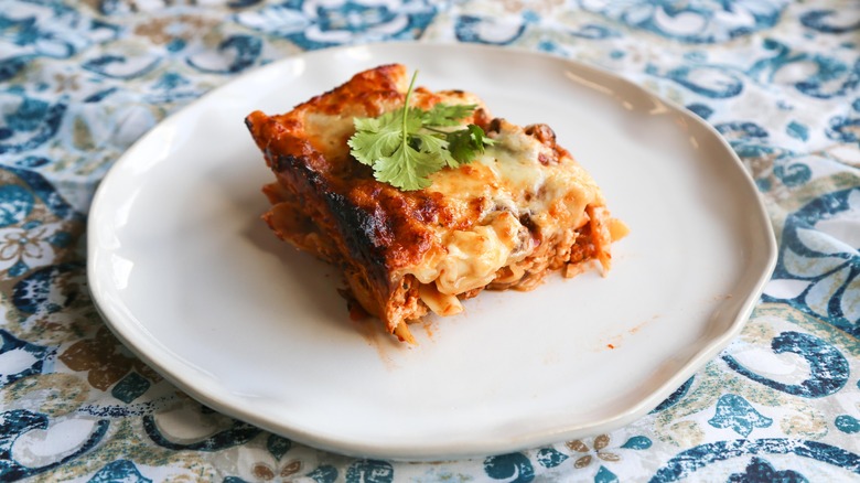 Slice of lasagna on plate