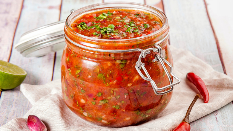 Salsa in glass jar