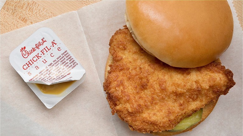 Chick-fil-A sandwich and sauce container