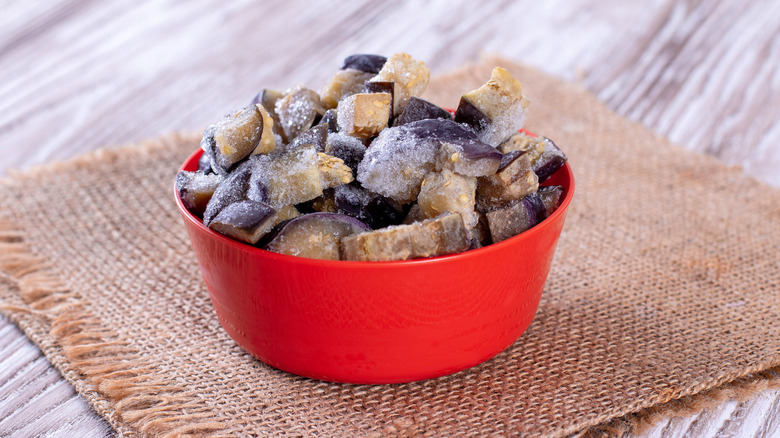 Bowl of chopped frozen eggplant