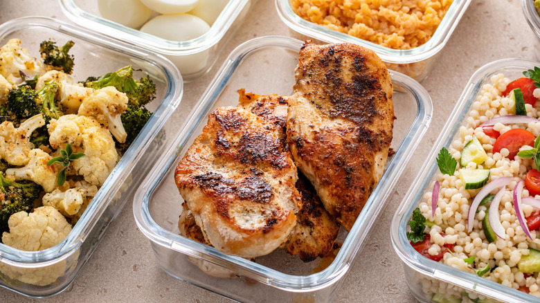 Chicken and other foods in glass containers