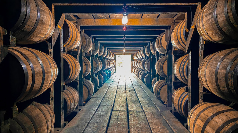 Bourbon barrels in a rickhouse