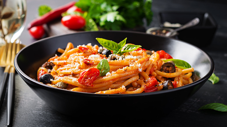 Pasta with anchovies, olives and capers 