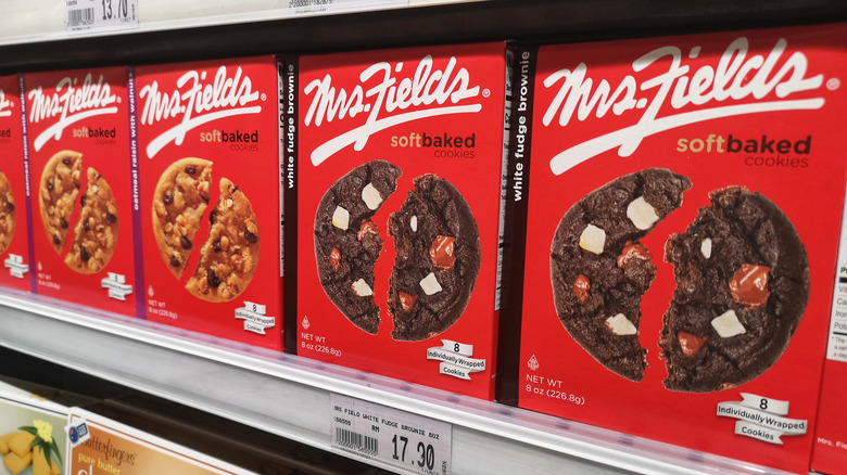 Boxes of Mrs. Fields cookies on store shelf