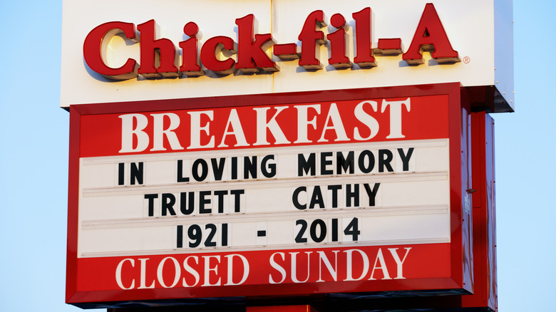 S. Truett Cathy sign at Chick-fil-A restaurant