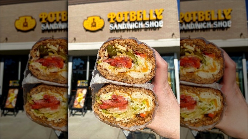 Picture of stacked Potbelly sandwich in front of store