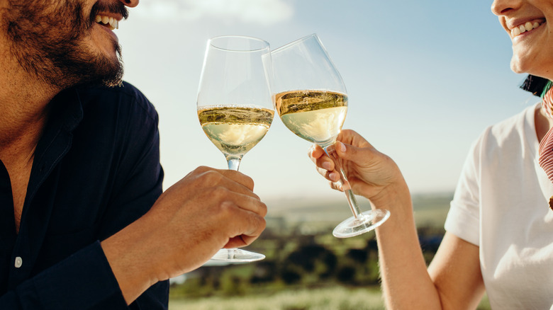 Two people sitting outdoors toasting with glasses of white wine.