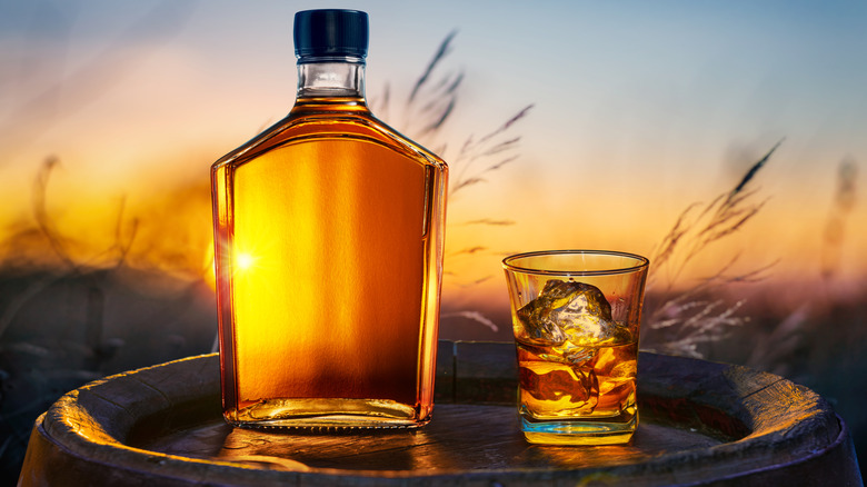 Bottle of whiskey next go glass with ice.