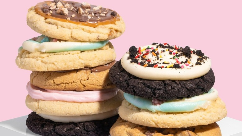 Two stacks of Crumbl cookie flavors