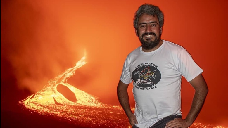 Chef in front of live volcano