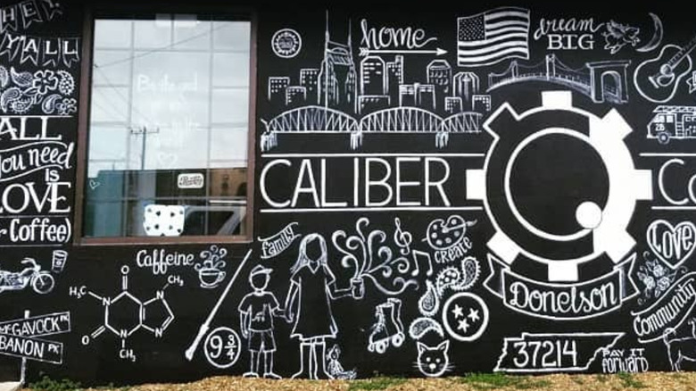 Black and white art on outside of coffee shop