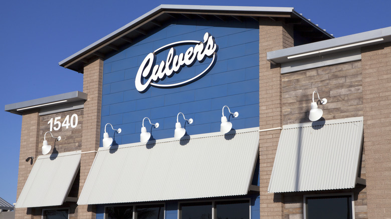 Exterior shot of Culver's with white logo on building