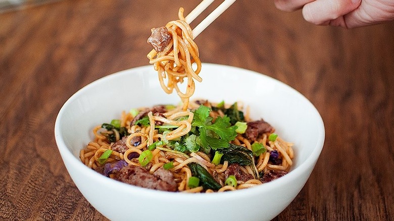 Bowl of steak, noodles, and gochujang sauce from Noodles & Company