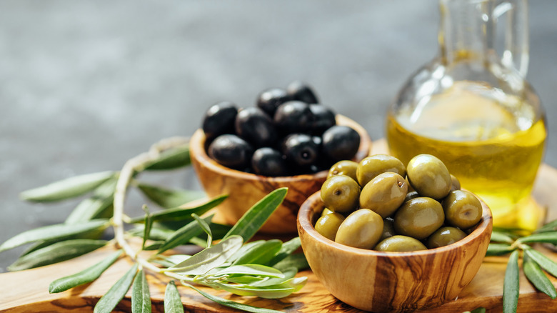 bowls of olives with oil
