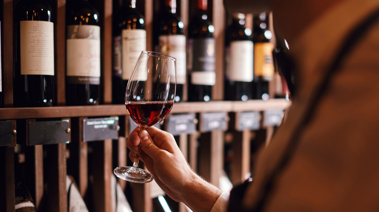 A sommelier holding a glass of wine in a cellar