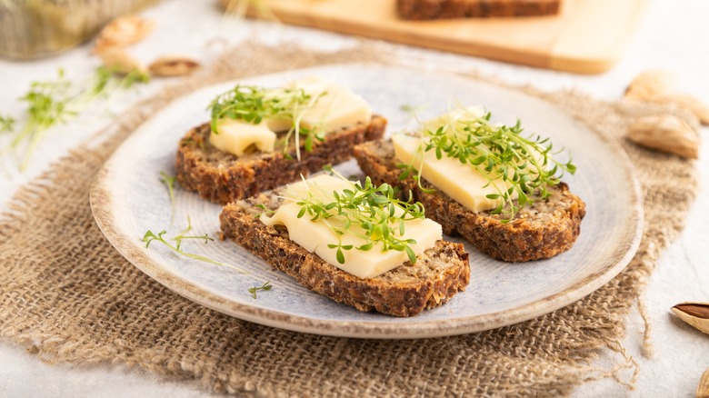 Open-faced watercress cheese sandwiches