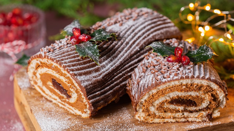 sliced Yule log cake