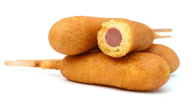 Corn dogs stacked on top of each other