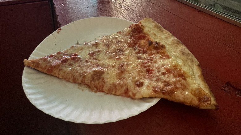 slice of New York-style pizza on paper plate