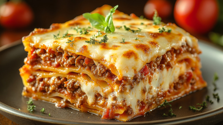 A classic lasagna slice on a charcoal plate with tomatoes in the background