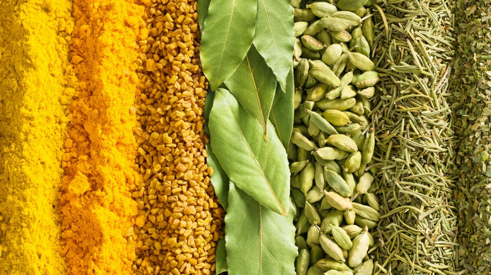 Row of green and yellow spices 