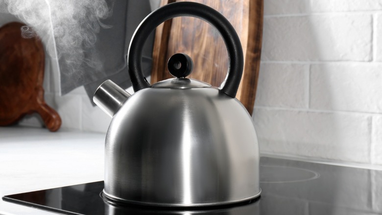 steaming tea kettle on stove