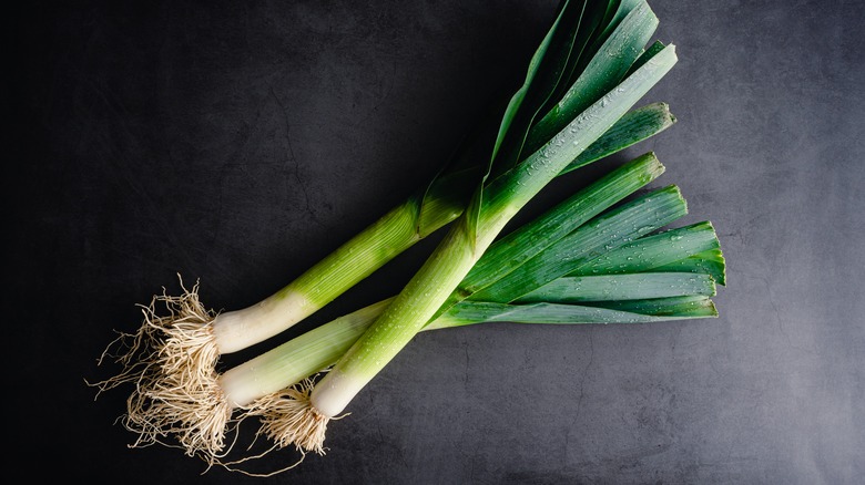 leeks on dark gray background