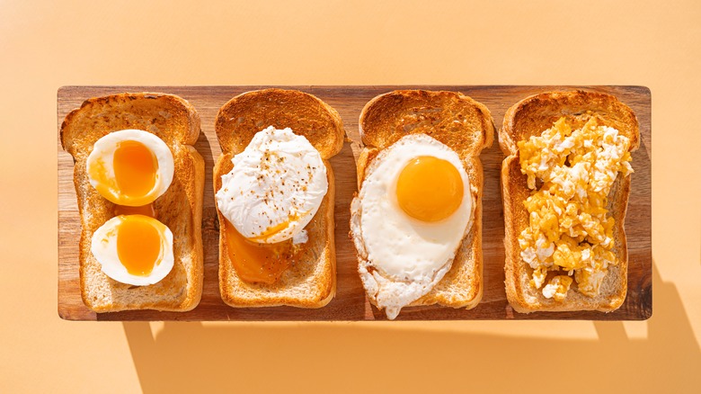 Eggs cooked a variety of ways on toast