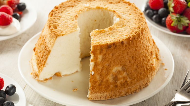 Angel food cake on white plate