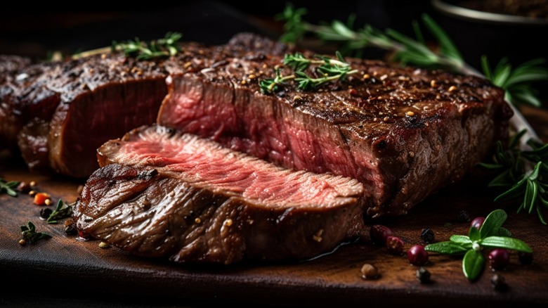 A perfectly cooked steak on a plate